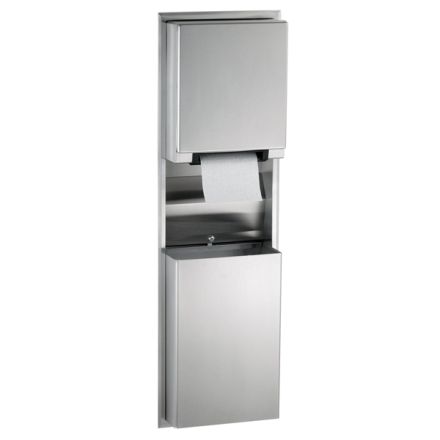 Bobrick B-3974 recessed convertible automatic universal towel dispenser with waste receptacle in a satin finish stainless steel.